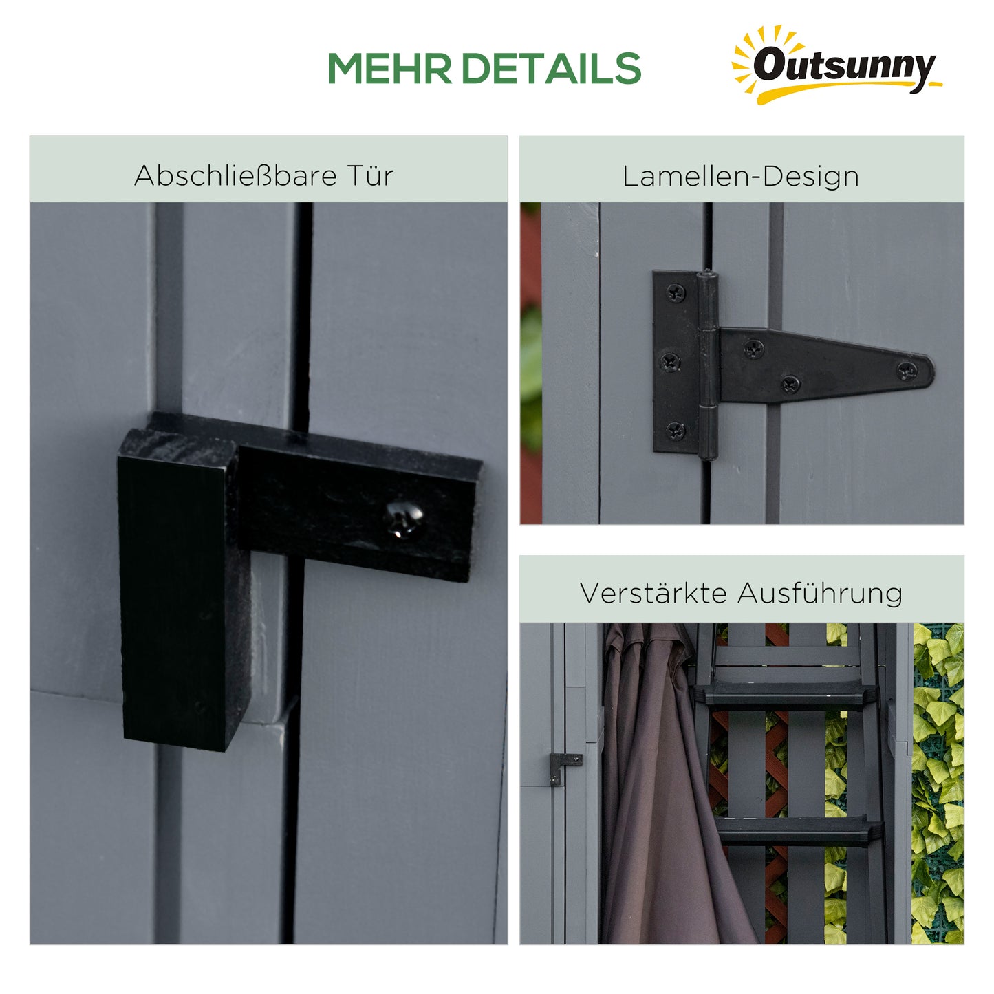 Outsunny Gartenschrank, offenes Brennholzfach, verriegelbare Tür, wetterfest, Naturholz, 129 x 51,5 x 180cm, grau+schwarz