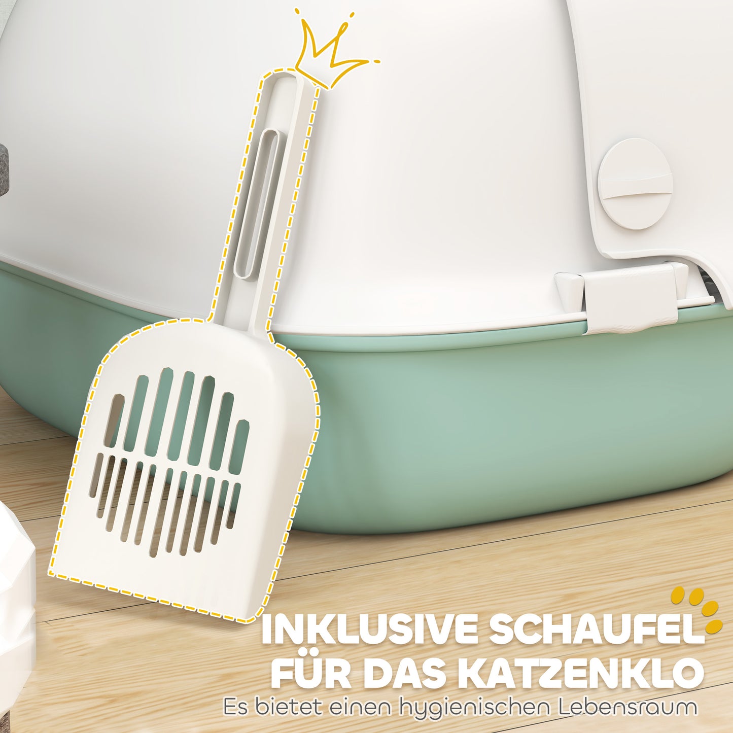 PawHut Katzentoilette mit Deckel, Katzenklo mit internem Kanal, Tür, Schaufel, leicht zu reinigen, Kunststoff, Grün
