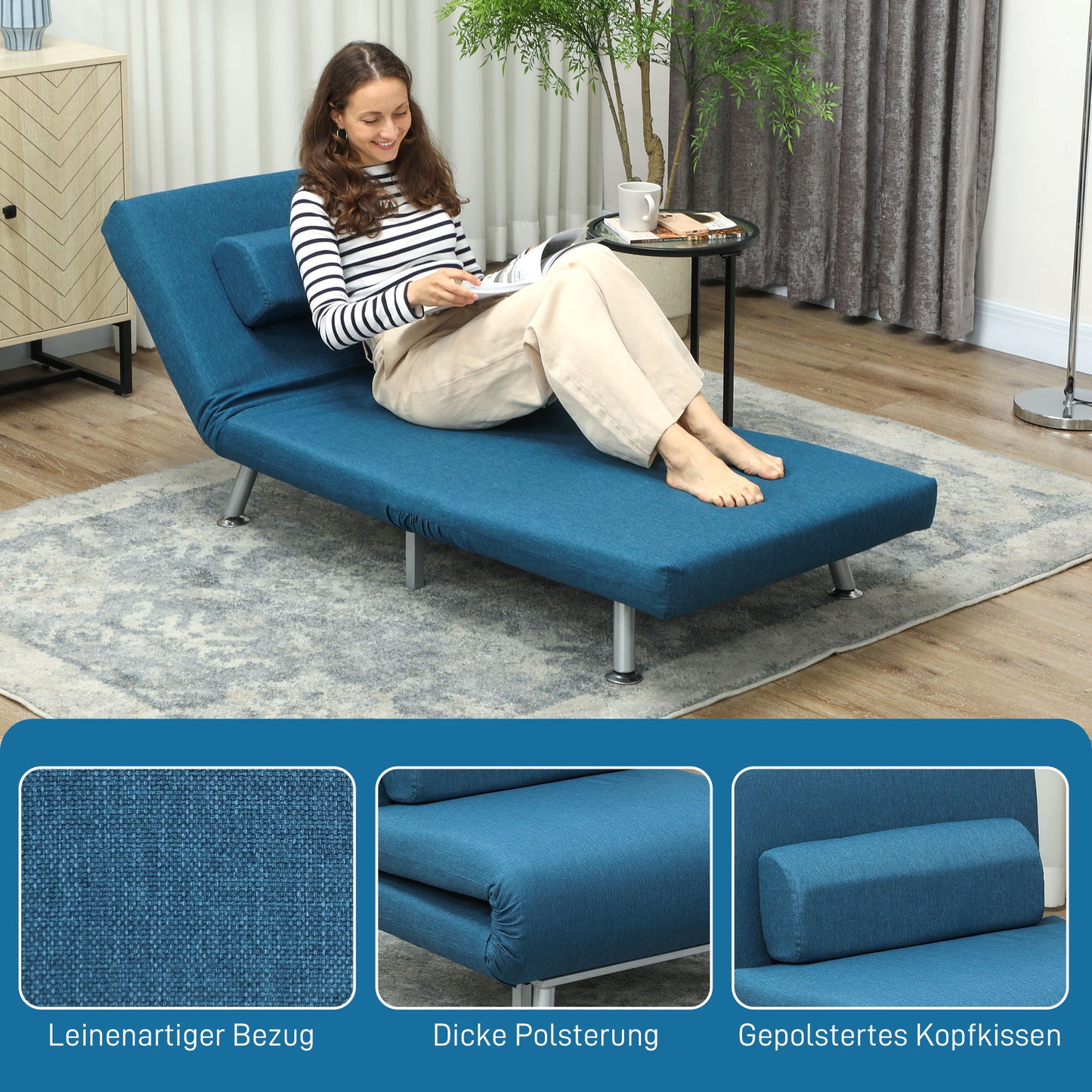 HOMCOM Klappsessel mit Bettfunktion, klappbarer Relaxsessel in Leinenoptik, Verstellbare Rückenlehne, 75 x 70 x 75 cm, Blau