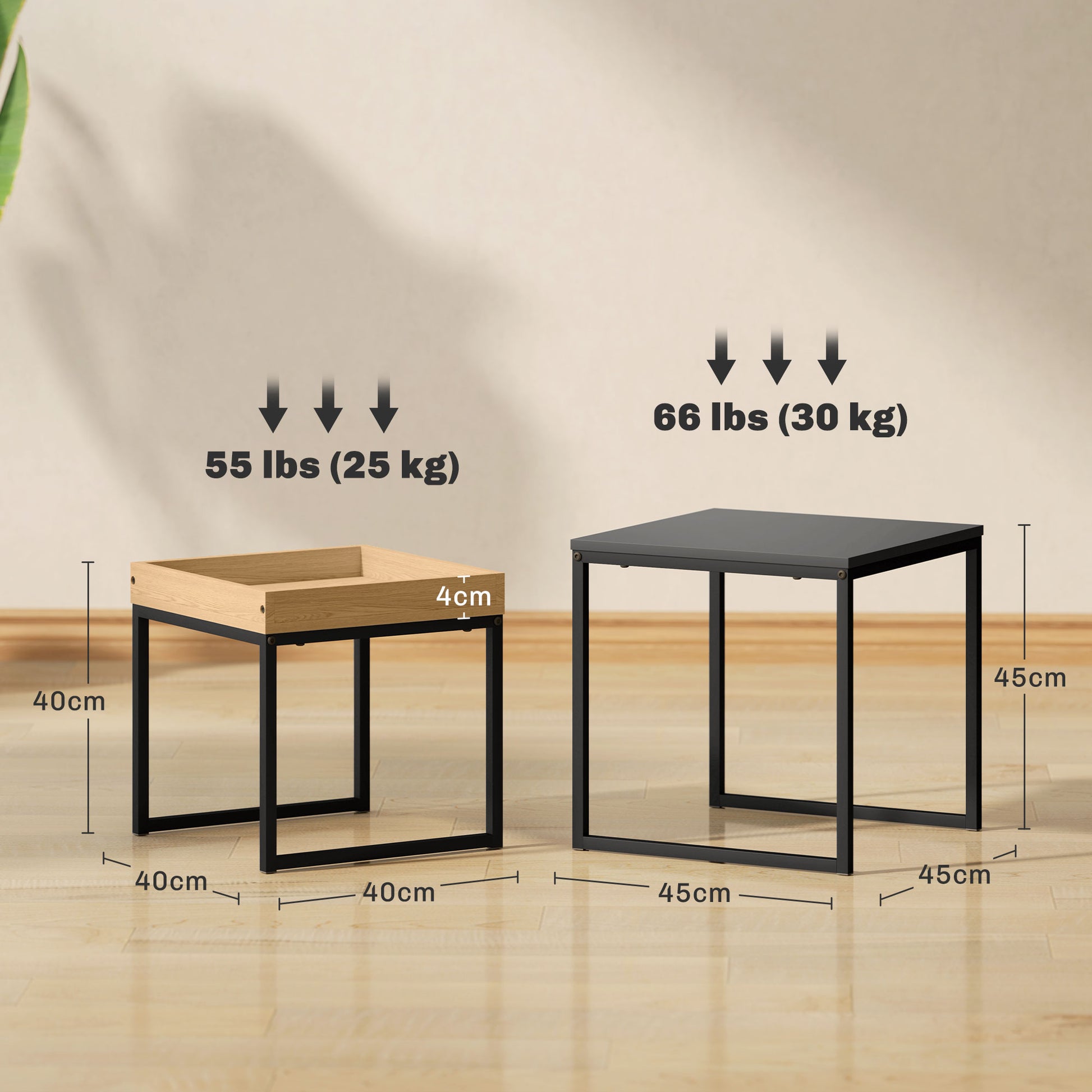 HOMCOM Moderner Couchtisch, 2er-Set Sofatisch, für kleine Räume, Quadratisch, MDF, Metall, Schwarz