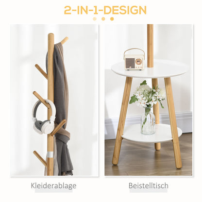 HOMCOM Garderobenständer mit Beistelltisch im Skandi-Design, 5 Kleiderhaken, 39, 5 cm x 39,5 cm x 171 cm, Natur + Weiß