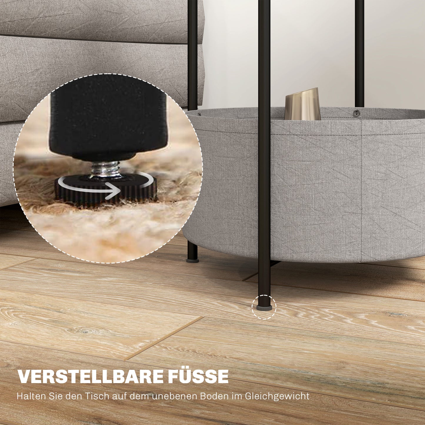 HOMCOM Runder Beistelltisch mit Stoffkorb, 2-stufiger Kaffeetisch für Wohnzimmer, Schlafzimmer, kleine Räume, Metall, Grau+Weiß