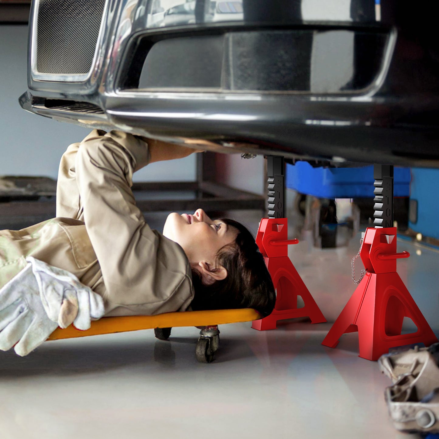 HOMCOM Unterstellbock 3 Tonnen Traglast 2 Stück Stützbock inkl Sicherungssplint 10 stufig Höhenverstellbar Rot