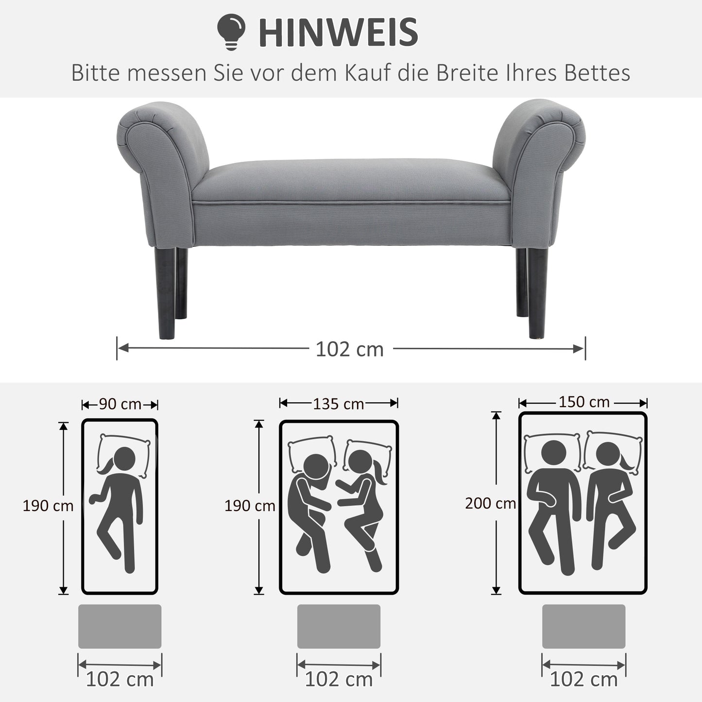 HOMCOM Sitzbank, Bettbank, robuste Bauweise, weiche Polsterung, 102x36x51 cm, Grau