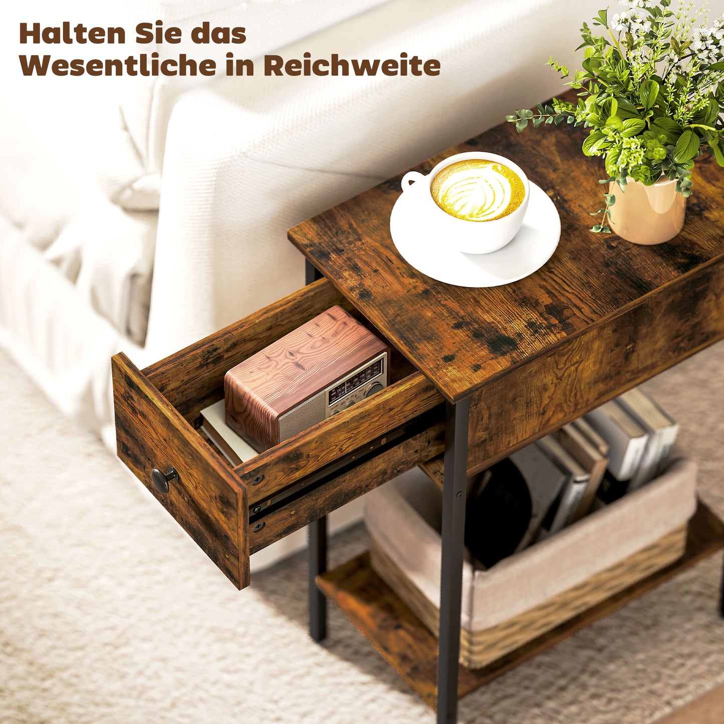 HOMCOM Beistelltisch mit offenem Fach und Schublade, Nachttisch, Metallbeine, Holz, Braun
