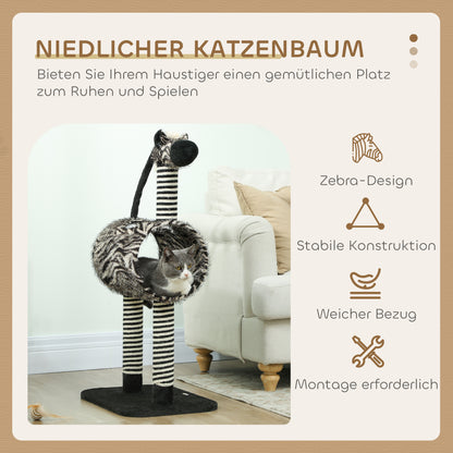 PawHut Kratzbaum im Zebra-Design, 1 Katzentunnel, 3 Kratzstämme 48,5 cm x 35 cm x 93 cm, Schwarz + Weiß