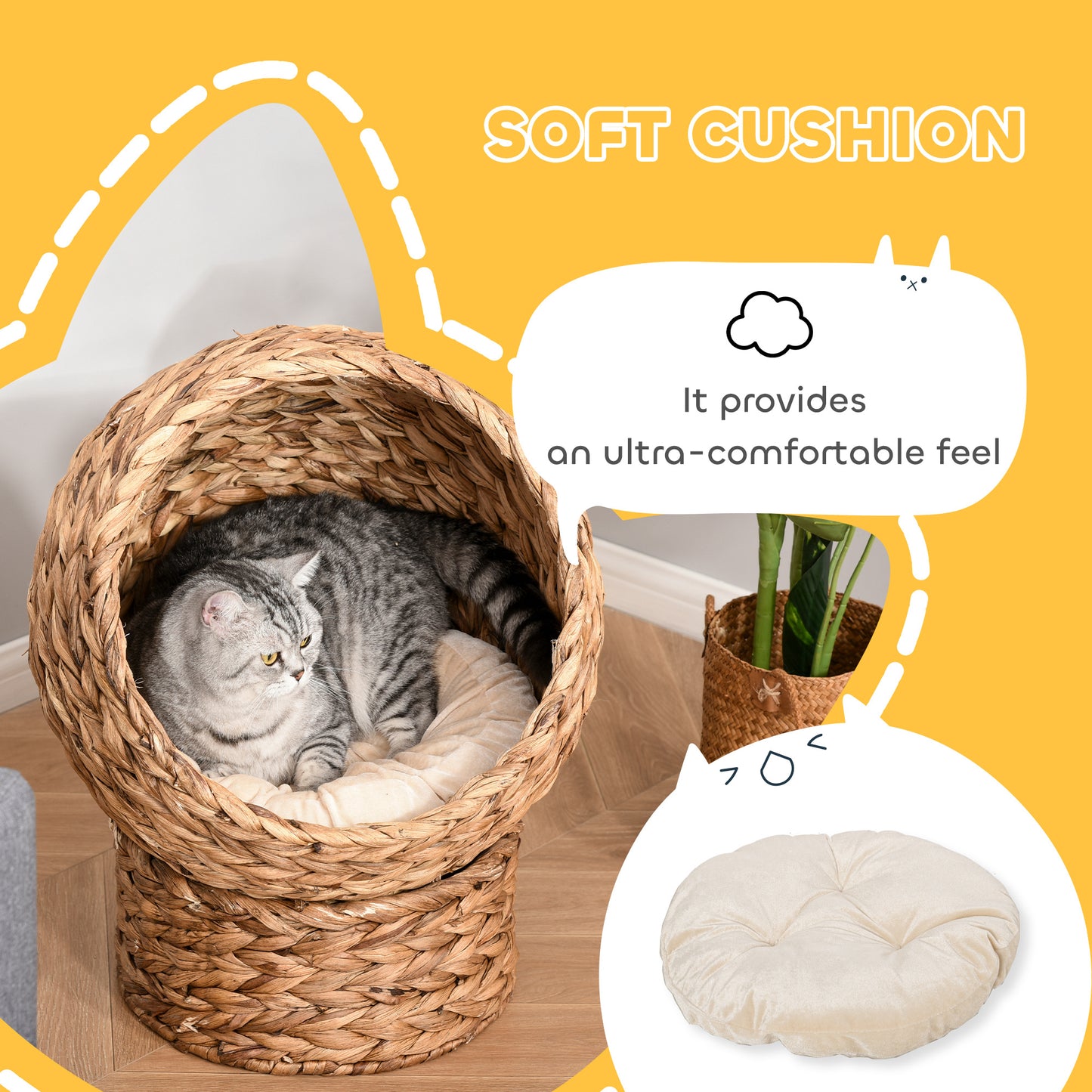 PawHut Rattan Katzenkorb Katzenhöhle Katzenhütte Katzenbett mit Kissen Haustierbett Wasserhyazinthe Braun 50 x 42 x 60 cm