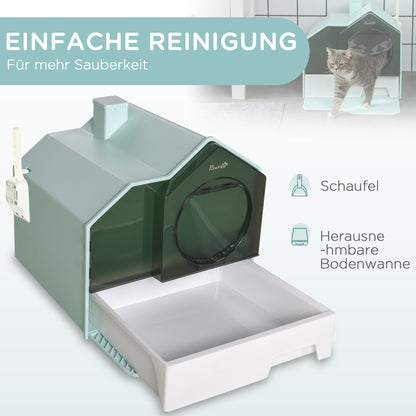 PawHut Katzentoilette Katzenklo, Hütten-Design, 1 Siebvorleger, 1 Streuschaufel, herausnehmbare Bodenwanne, Grün + Weiß