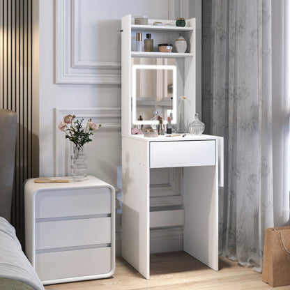 HOMCOM Kompakter Schminktisch mit Spiegel und LED-Beleuchtung, klappbare Tischplatte, offenere Regale, Schublade, MDF, Weiß