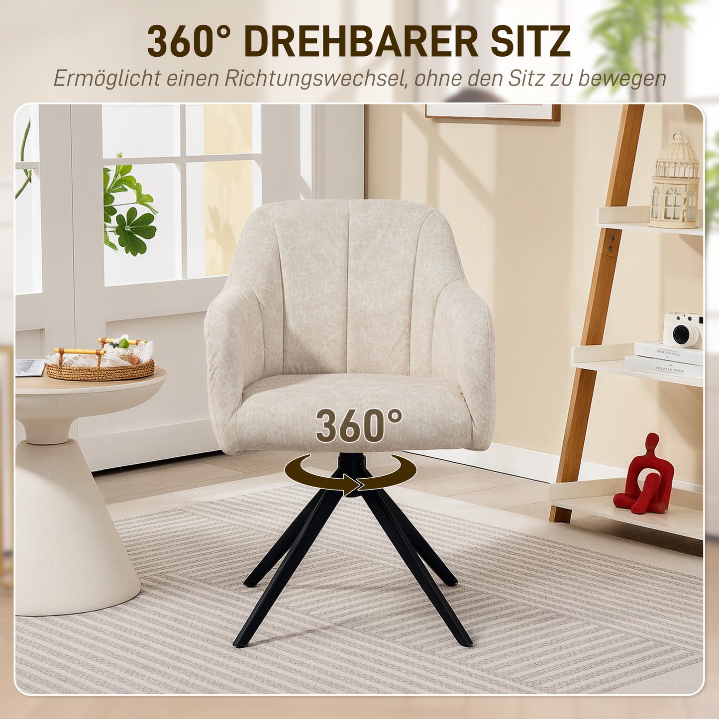HOMCOM Drehbarer Akzentstuhl, Polsterstuhl mit Stoffbezug, Armlehnen, Stahlbeine, für Wohnzimmer, Schlafzimmer, Büro, Beige