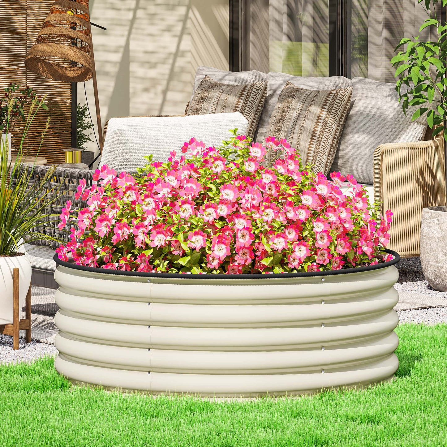 Outsunny Hochbeet, Verzinkter Pflanzkübel mit Sicherheitsrand, Pflanzbox mit offenem Boden, 120 x 120 x 43 cm, Cremeweiß