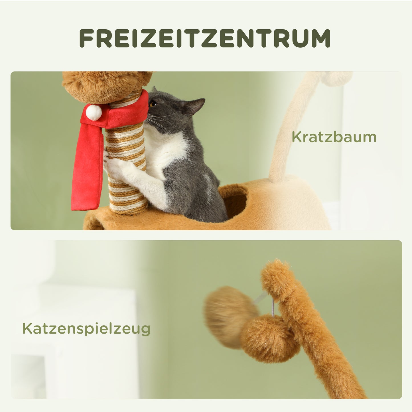 PawHut Kratzbaum 98 cm Katzenturm im Hirschdesign, mit Höhle, Spielball, Jutestämme Braun