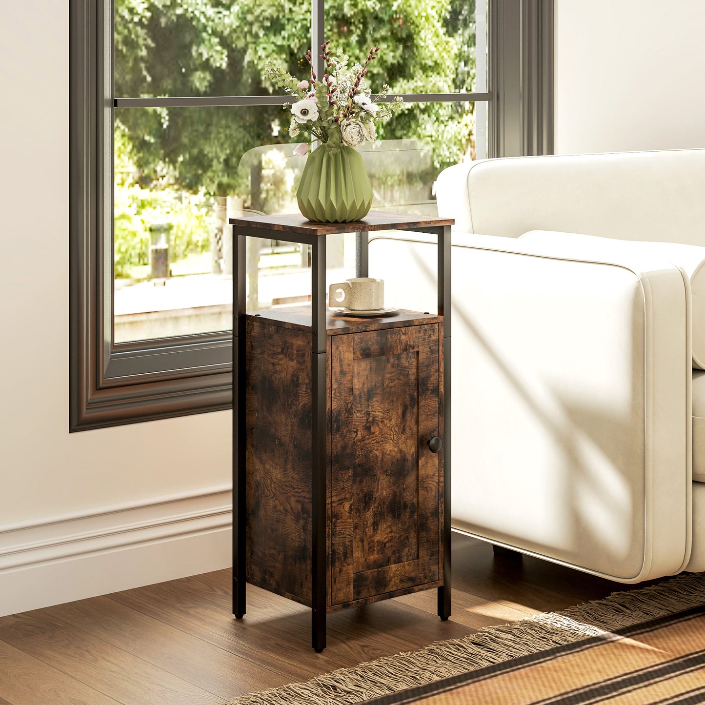 HOMCOM Beistelltisch mit Stauraum, 2 offene Regale, 3-stufig verstellbar, magnetische Tür, Braun