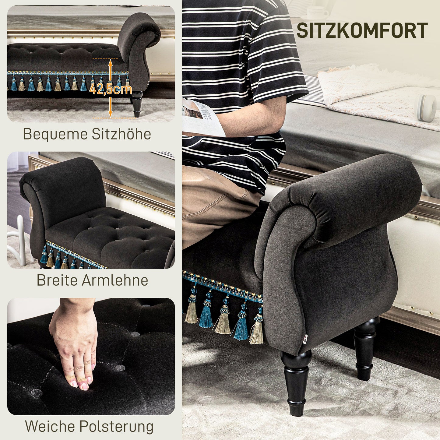 HOMCOM Polsterbank, Sitzbank, Vintage-Design, bis 150 kg, 117x40x58 cm, Dunkelgrau