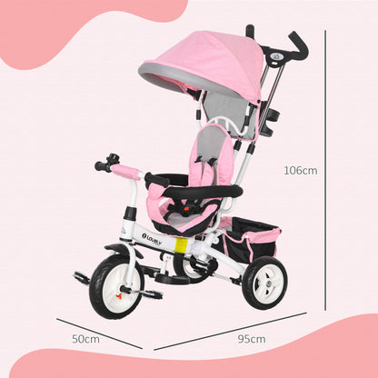 HOMCOM 6-in-1 Kinderdreirad mit Schiebestange, Dach, Gurt, Ablagekorb, für 1-5 Jahre, Rosa