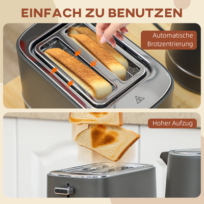 HOMCOM Set aus 1,7 L Wasserkocher und Toaster mit 6 Bräunungsstufen, Grau