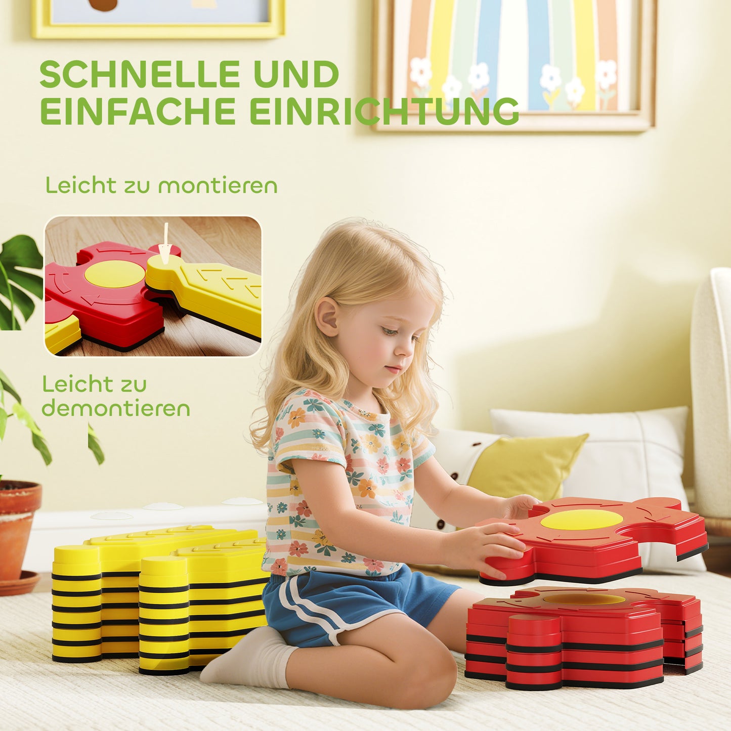 AIYAPLAY Kinder Schwebebalken-Set, frei gestaltbar, Kunststoff, flexible Teile, Gelb+Rot