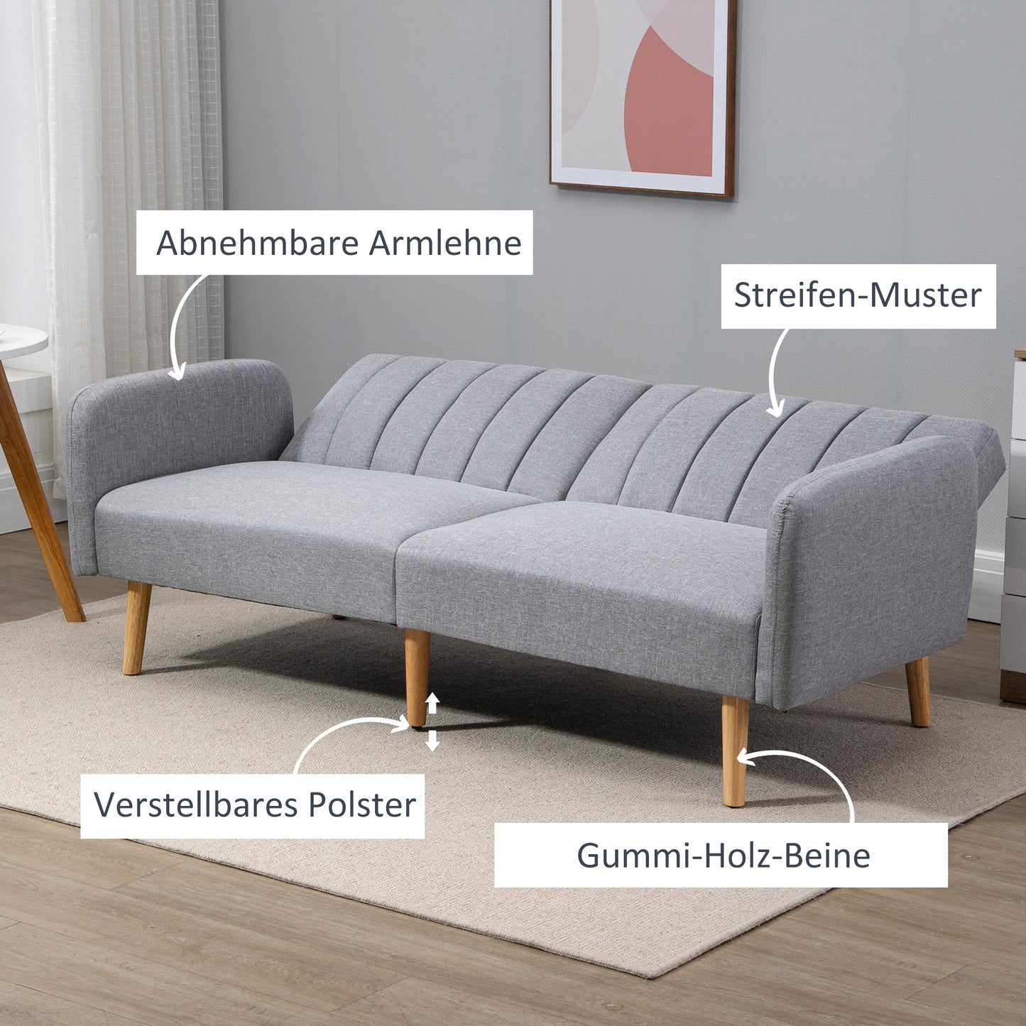 HOMCOM Schlafsofa, 2-Sitzer Stoffsofa, Sofa mit Schlaffunktion, leinenartiges Polyester, Kautschukholz, 173 x 75 x 73 cm, Grau