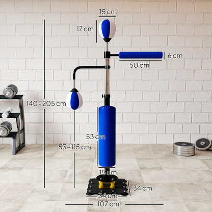 SPORTNOW Boxstand, zwei Speedballs, drehbare Boxstange, Kickpolster, höhenverstellbar, Stahl, 107 x 36 x 140-205 cm, Blau
