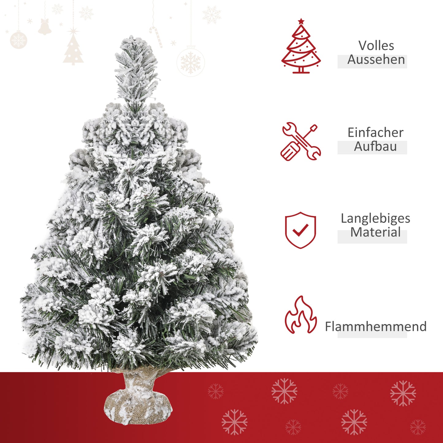 HOMCOM Mini Künstlicher Weihnachtsbaum 60 cm Tannenbaum künstlich mit Schnee, 67 Spitzen Zementbasis für drinnen Büro