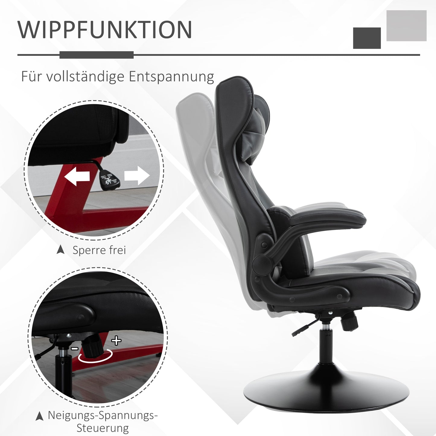 Vinsetto Gaming-Stuhl, Wippfunktion, Lendenkissen, höhenverstellbar, Kunstleder, 67x71x112 cm, Schwarz