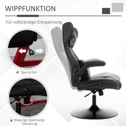 Vinsetto Gaming-Stuhl, Wippfunktion, Lendenkissen, höhenverstellbar, Kunstleder, 67x71x112 cm, Schwarz