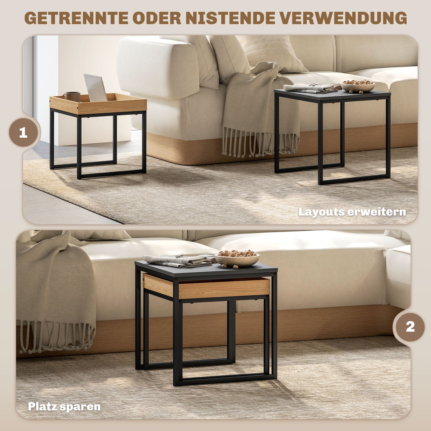 HOMCOM Moderner Couchtisch, 2er-Set Sofatisch, für kleine Räume, Quadratisch, MDF, Metall, Schwarz