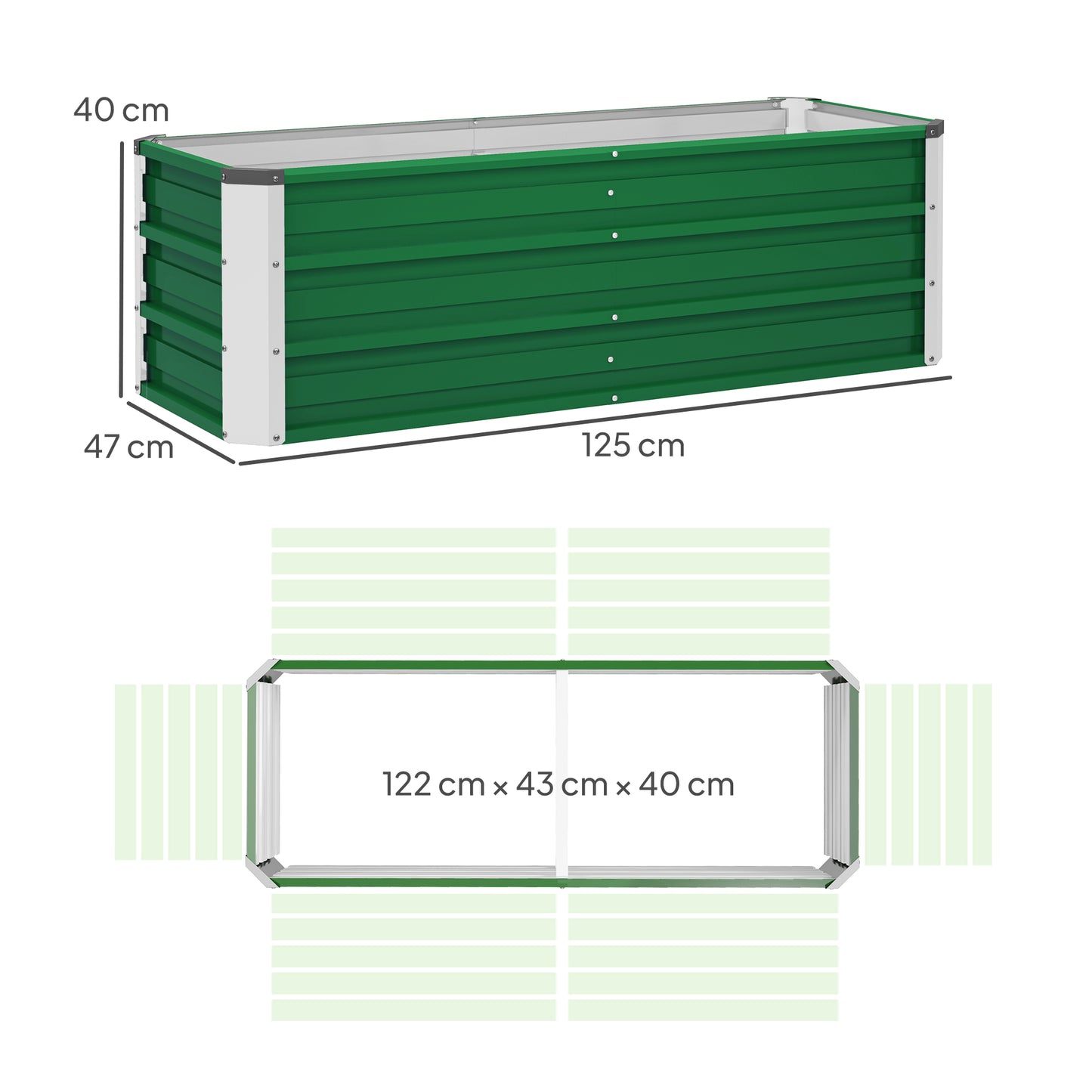 Outsunny Metall-Hochbeet, 2 separata Pflanzbereiche, offener Boden, einfacher Aufbau, 125 x 47 x 40cm, Grün