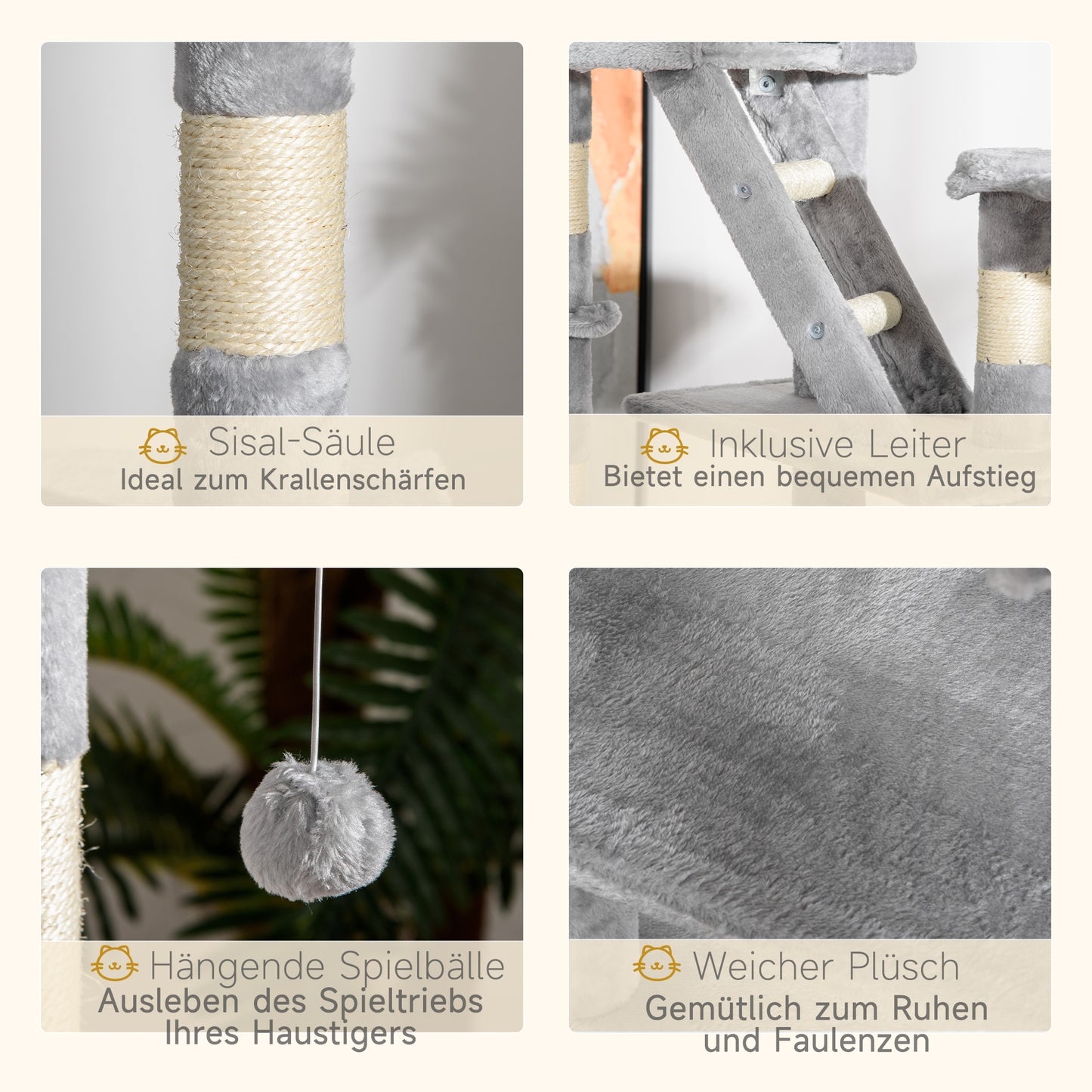 PawHut Katzenkratzbaum 240-260 cm Deckenhoch Kratzbaum groß Kletterbaum Katze Kratzbaum für große Katzen mit Sisalseil Hellgrau