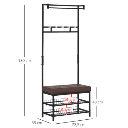 HOMCOM Garderobenständer Kleiderständer mit 5 Haken und Schuhbank mit 2 Ebenen Garderobe aus Metall für Flur, Schlafzimmer, 72,5 x35 x 180cm