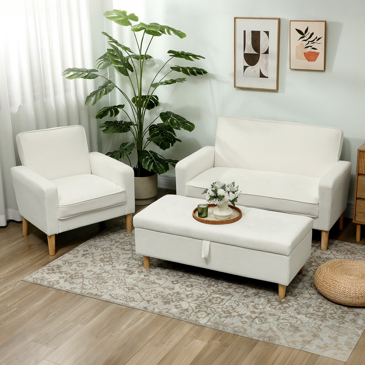 HOMCOM 2-Sitzer-Sofa, Doppelsitzsofa mit Kautschukholzbeinen, Polstersofa für Wohnzimmer, Schlafzimmer, Cremeweiß
