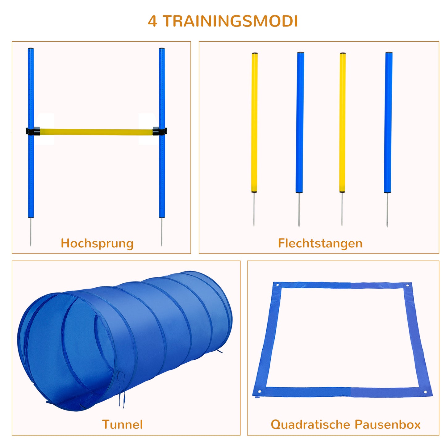 PawHut Agility Set Hunde 5-teiliges Agility-Ausrüstung für Hundetraining Steckhürdenset mit Hundetunnel 4 Slalomstangen höhenverstellbar Hürden Pause-Box Tragetasche Agilityset für Spiele Training