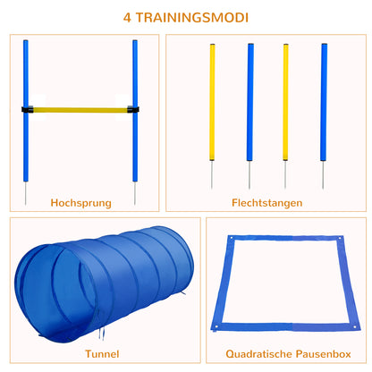 PawHut Agility Set Hunde 5-teiliges Agility-Ausrüstung für Hundetraining Steckhürdenset mit Hundetunnel 4 Slalomstangen höhenverstellbar Hürden Pause-Box Tragetasche Agilityset für Spiele Training