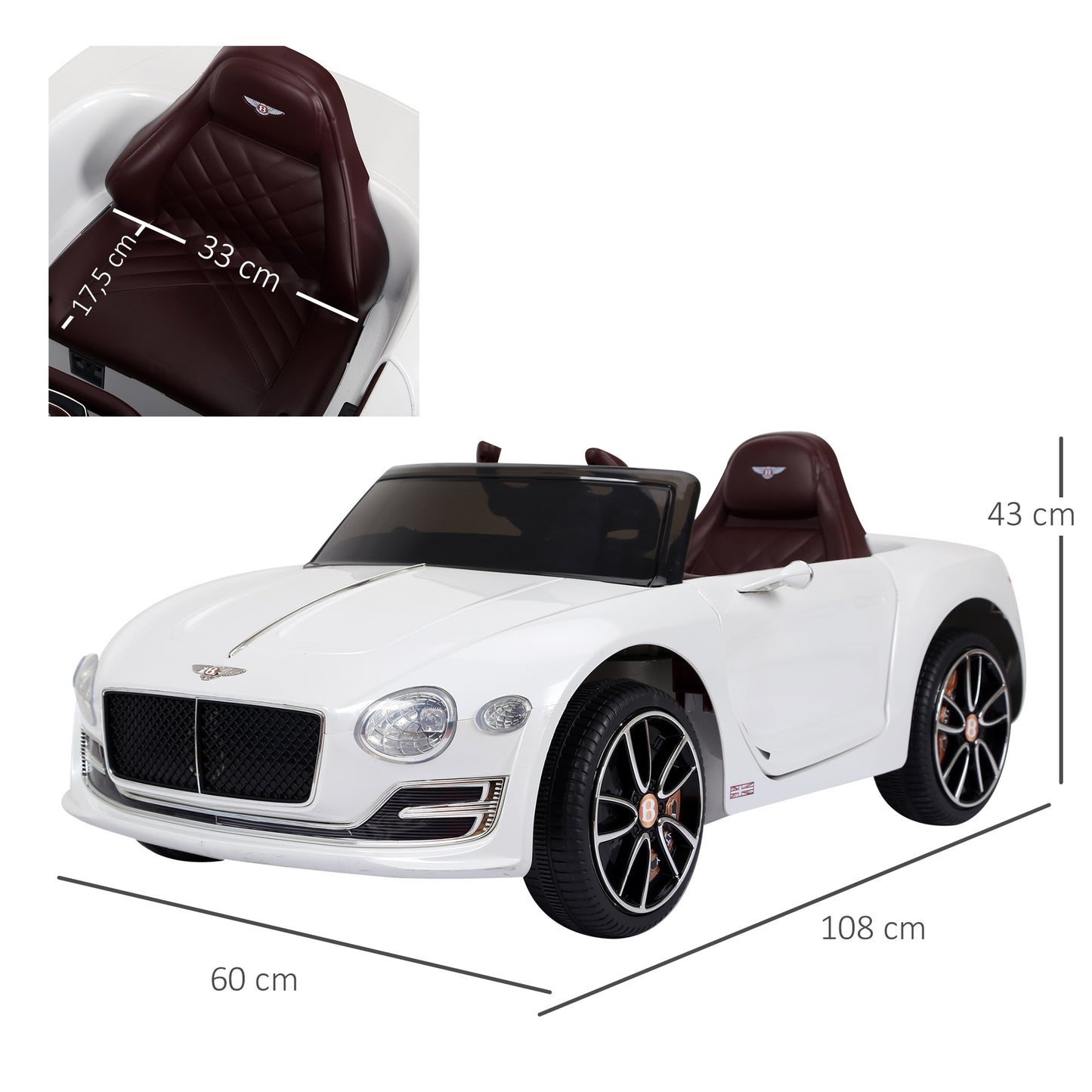 HOMCOM Kinderauto Bentley GT lizenzierte Kinderfahrzeug Elektroauto mit Fernbedienung 2 x 390 Motoren Kinder Weiß 108 x 60 x 43 cm