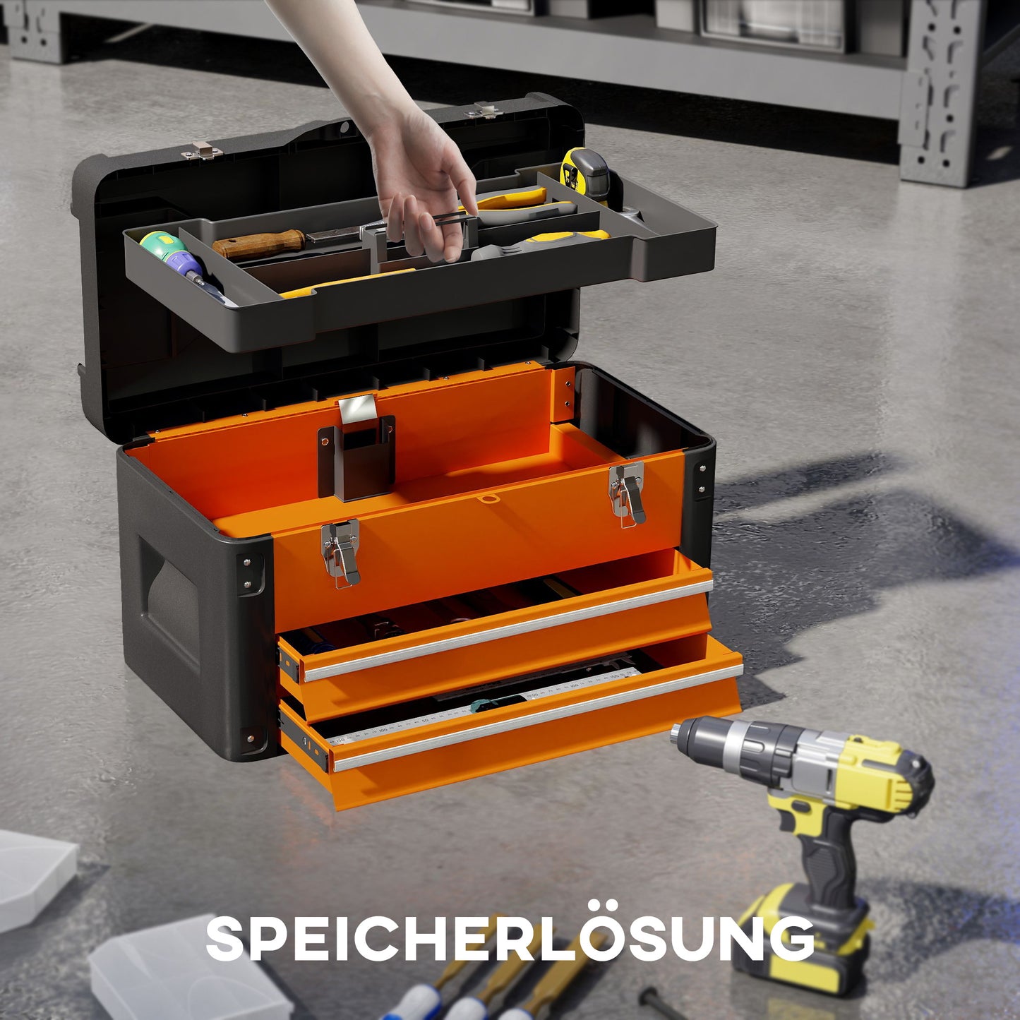 HOMCOM Werkzeugkiste leer, 49,7 x 25,3 x 28,9 cm Werkzeugkasten mit Schublade, Mini-Box Stahl Orange