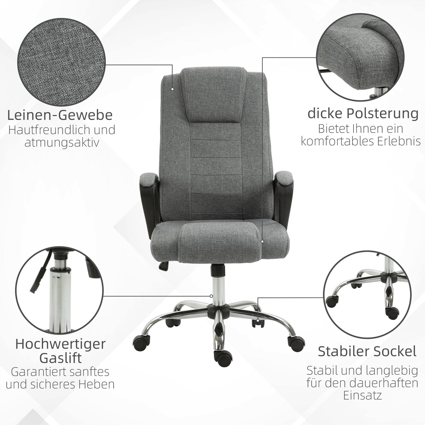 Vinsetto Bürostuhl Computerstuhl mit Wippenfunktion Kopfstütze ergonomischer Schreibtischstuhl drehbar höhenverstellbar Leinen-Touch Grau 62 x 76 x 110-119 cm