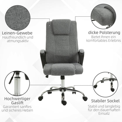 Vinsetto Bürostuhl Computerstuhl mit Wippenfunktion Kopfstütze ergonomischer Schreibtischstuhl drehbar höhenverstellbar Leinen-Touch Grau 62 x 76 x 110-119 cm