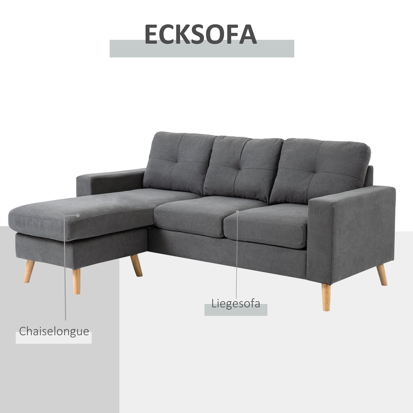 HOMCOM Ecksofa im Skandidesign, mit Knopfheftung, Massivholz, Leinenoptik, Grau