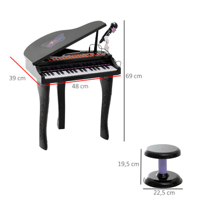 HOMCOM Keyboard Kinder mit 37 Tasten, Hocker Klavier mit Mikrofon, LED-Lehrmodus, Aufnahme, Piano Musikinstrument für 3-6 Jahre Kinder Schwarz