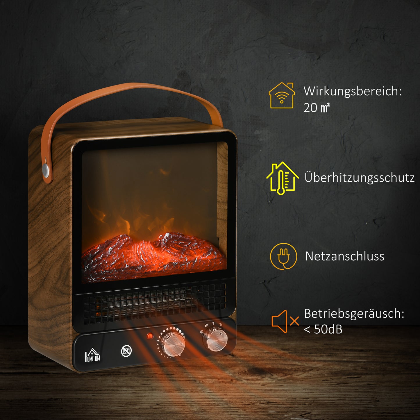 HOMCOM Elektrokamin, realistisches Feuer, 2 Heizmodi bis 50° C, Überhitzungsschutz, Walnussoptik, 30,3 x 17,5 x 37,4cm