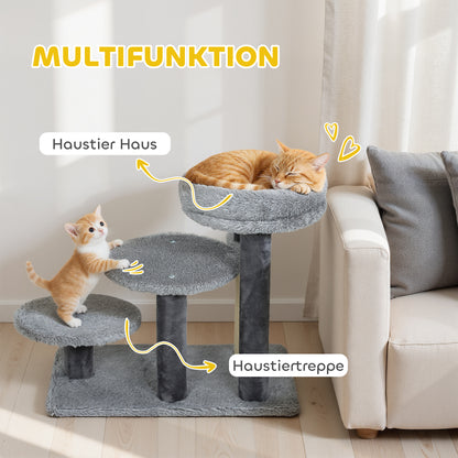PawHut Kratzbaum und Katzentreppe, breite Basis, Plüschstoff, Sisalkratzsäule, Grau