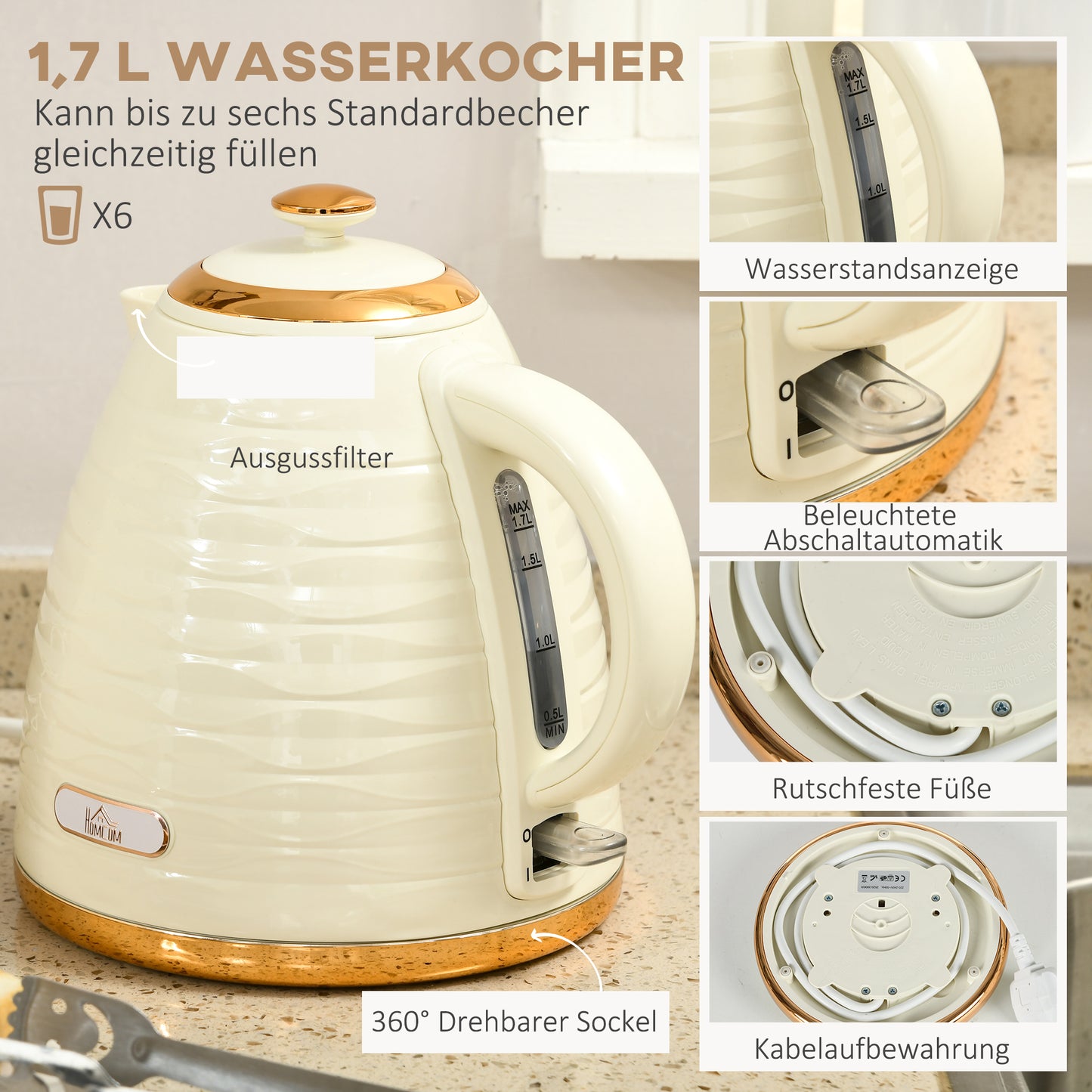 HOMCOM 2-in-1 Toaster- und Wasserkocher-Set, 7 Bräunungsstufen, Auftau- und Aufwärmfunktion, Beige