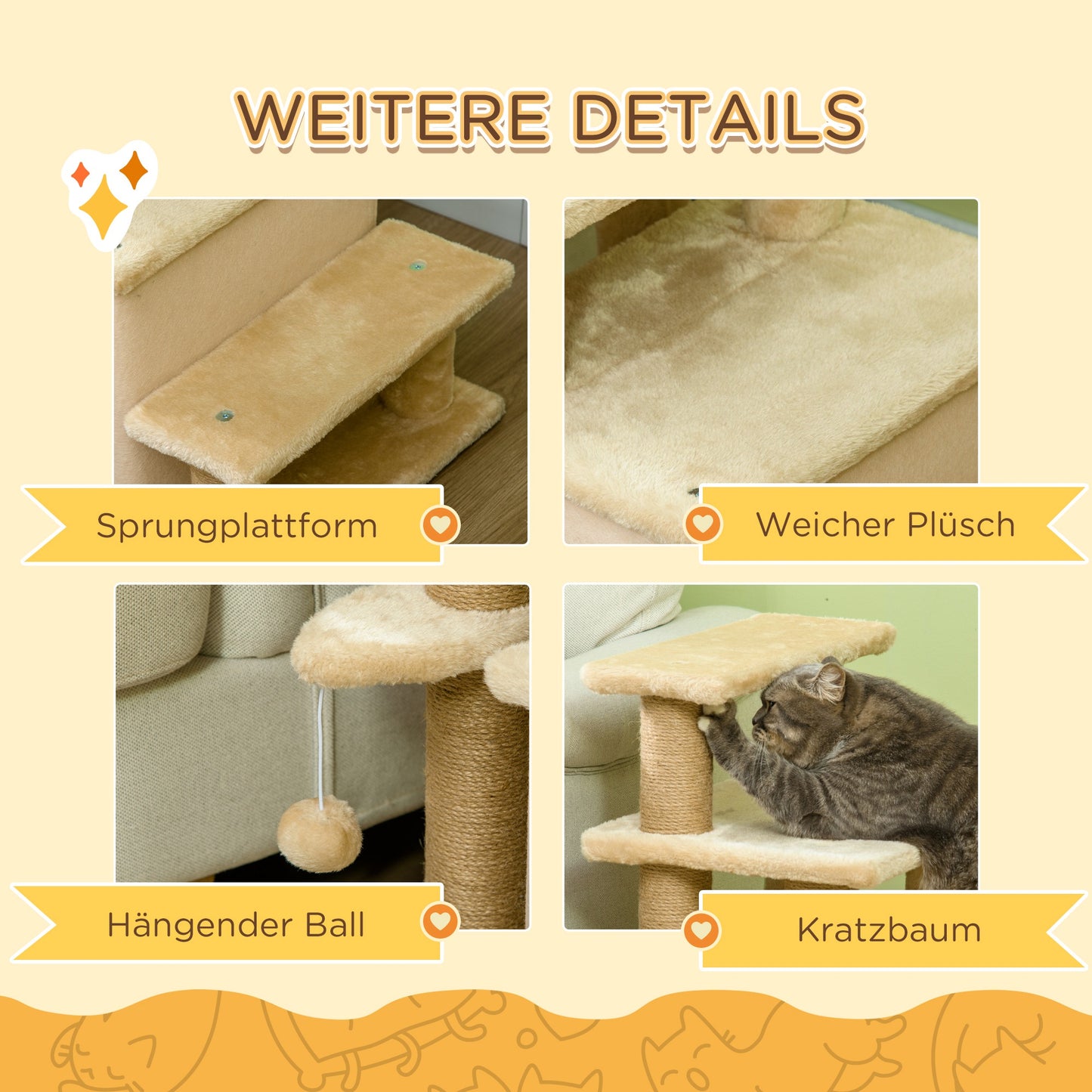 PawHut Haustiertreppe, Kratzbaum, 4 Stufen, Spielball, Häuschen, höhenverstellbar, 60 x 40 x 66 cm, Beige