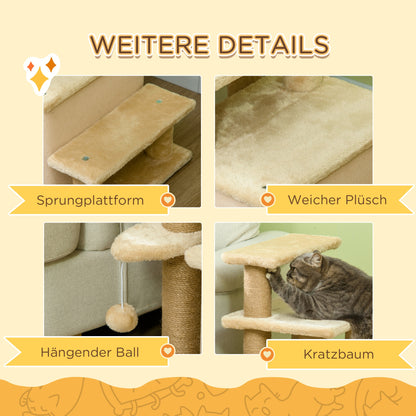 PawHut Haustiertreppe, Kratzbaum, 4 Stufen, Spielball, Häuschen, höhenverstellbar, 60 x 40 x 66 cm, Beige