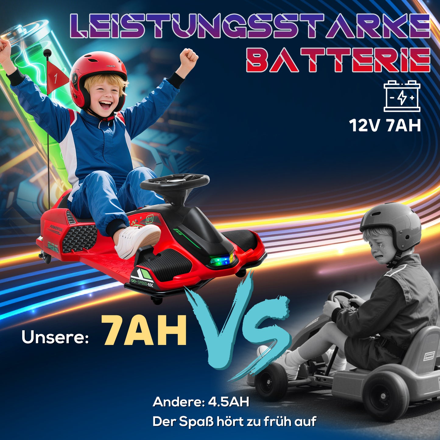 HOMCOM Elektrisches Go-Kart für Kinder, Gummiräder, 3-8 km/h, mit Lichtern und Musikfunktion, Rot