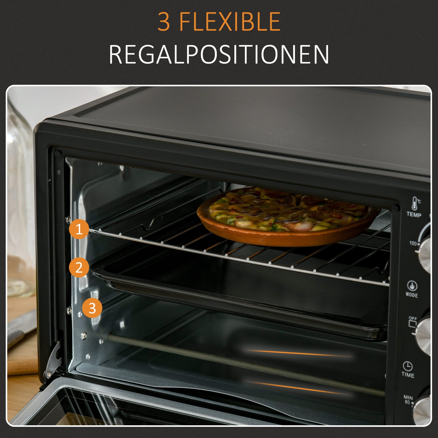 HOMCOM Minibackofen, 21 L Toasterofen mit 1 Drahtgestell und 1 Backblech, 3 Kochmodi, 100 °C-230 °C, Edelstahl, Glas, Schwarz