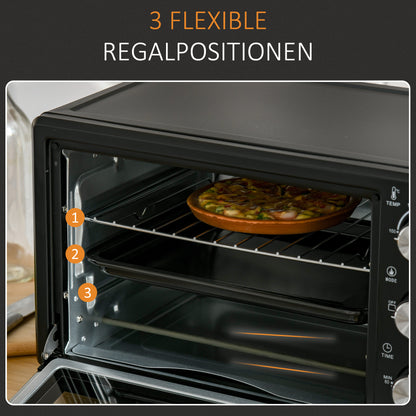 HOMCOM Minibackofen, 21 L Toasterofen mit 1 Drahtgestell und 1 Backblech, 3 Kochmodi, 100 °C-230 °C, Edelstahl, Glas, Schwarz
