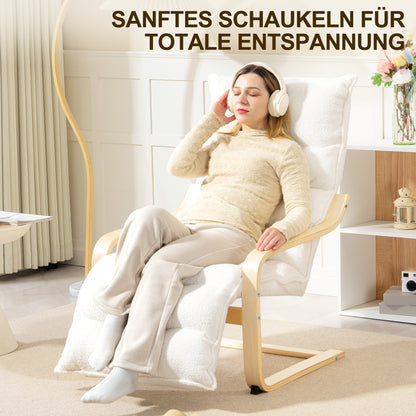 HOMCOM Lounge-Sessel aus Birkenholz, Polstersessel, verstellbare Fußstütze, Weiß