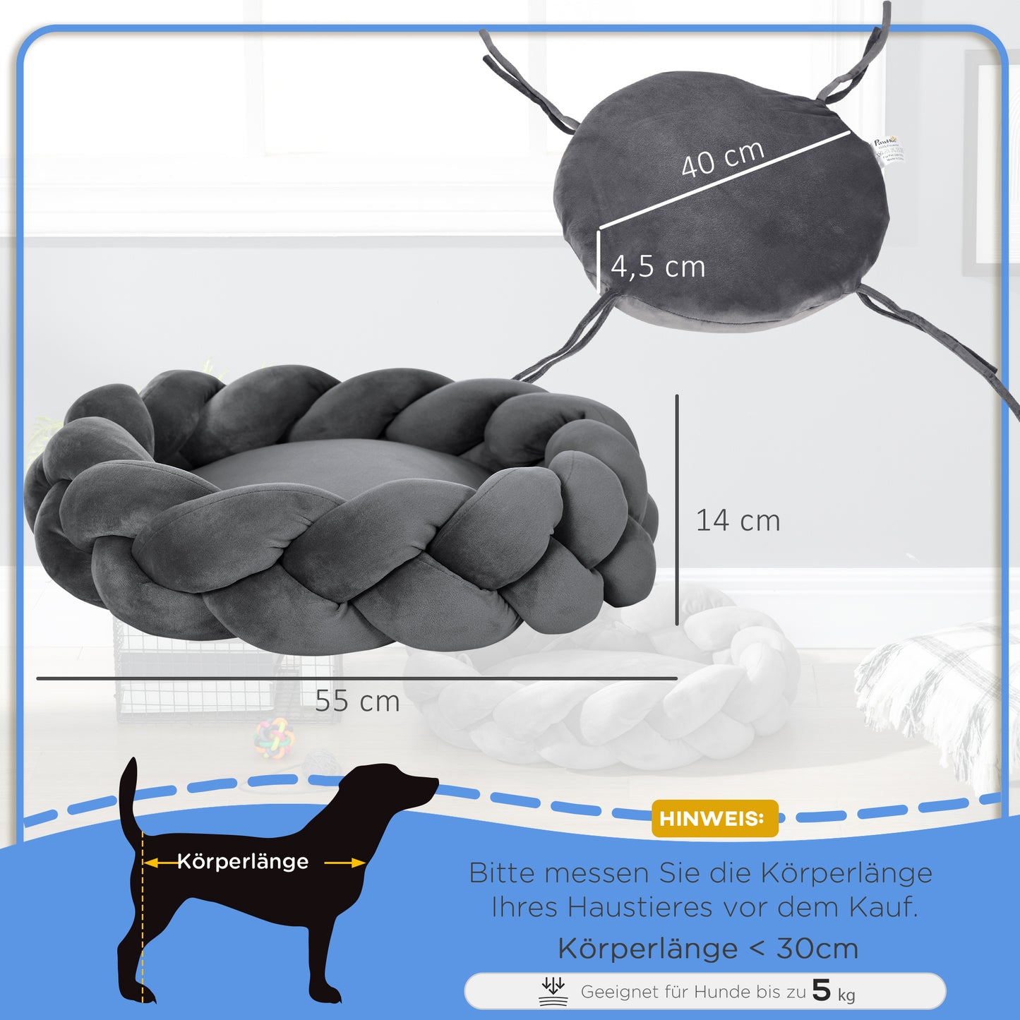 PawHut Haustierbett inkl. Kissen, Katzenbett, Hundekorb, tvättstång, 55 cm x 55 cm x 14 cm, Grau