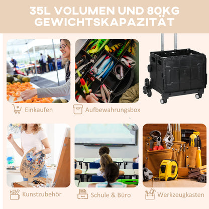 HOMCOM Einkaufswagen Einkaufstrolley, Treppensteiger, klappbar, Teleskopgriff, bis max. 65 Kilo belastbar, Schwarz